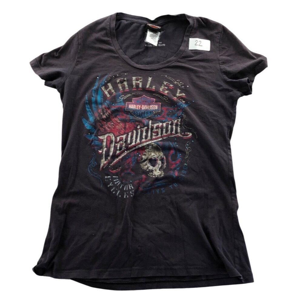 Harley-Davidson Womens T-Shirt Large Gray Short Sleeve Crewneck Graphic Tee Y2K